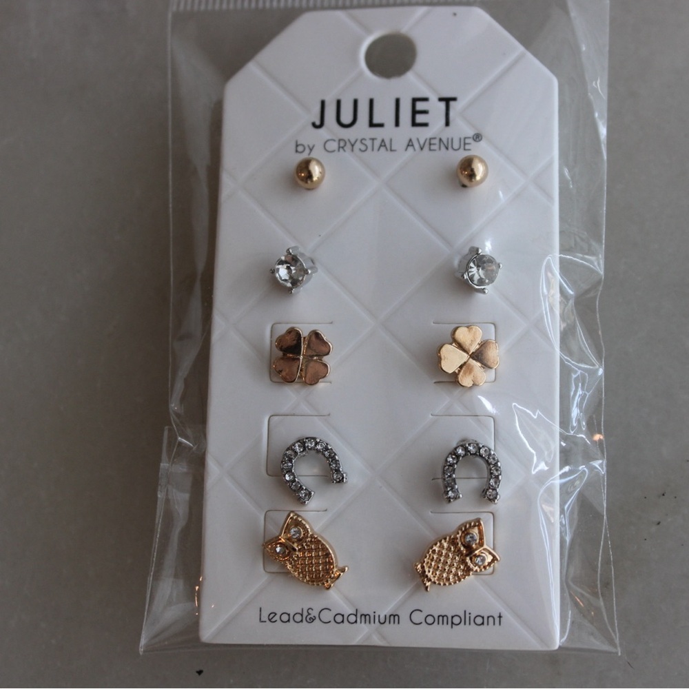 Pack of 5 Earrings Silver & Gold Tone Owl Horseshoe Clover Stud Earrings